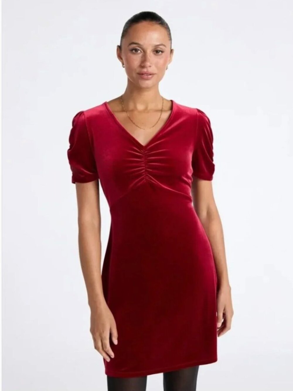 Time and Tru Womens Size Medium 8-10 V-Neck Puff Sleeve Velvet Velour Mini Dress